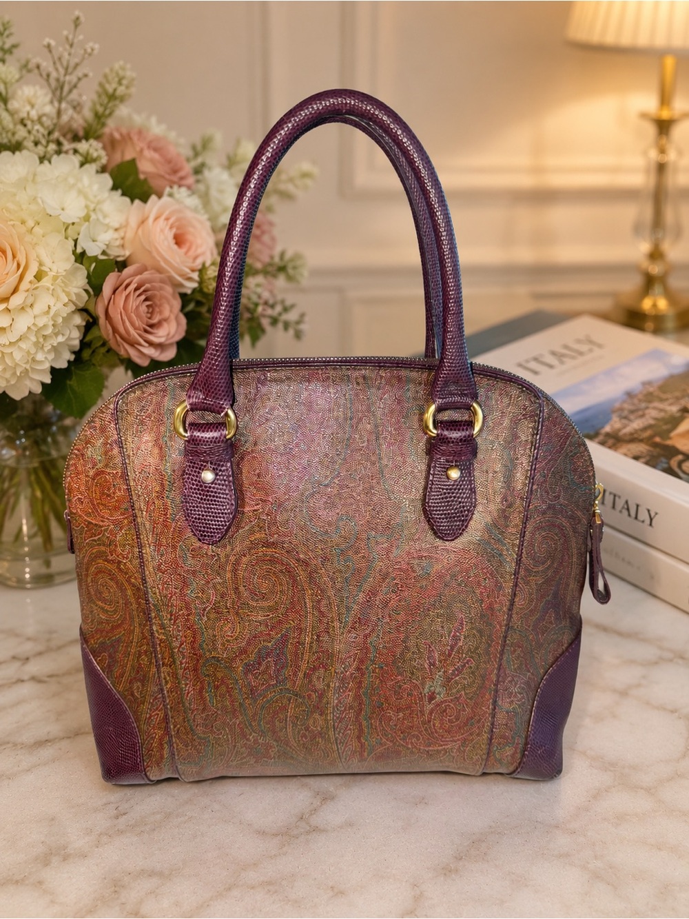 Etro Alma Dome Paisley Leather Coated Canvas Satchel | Made in Italy